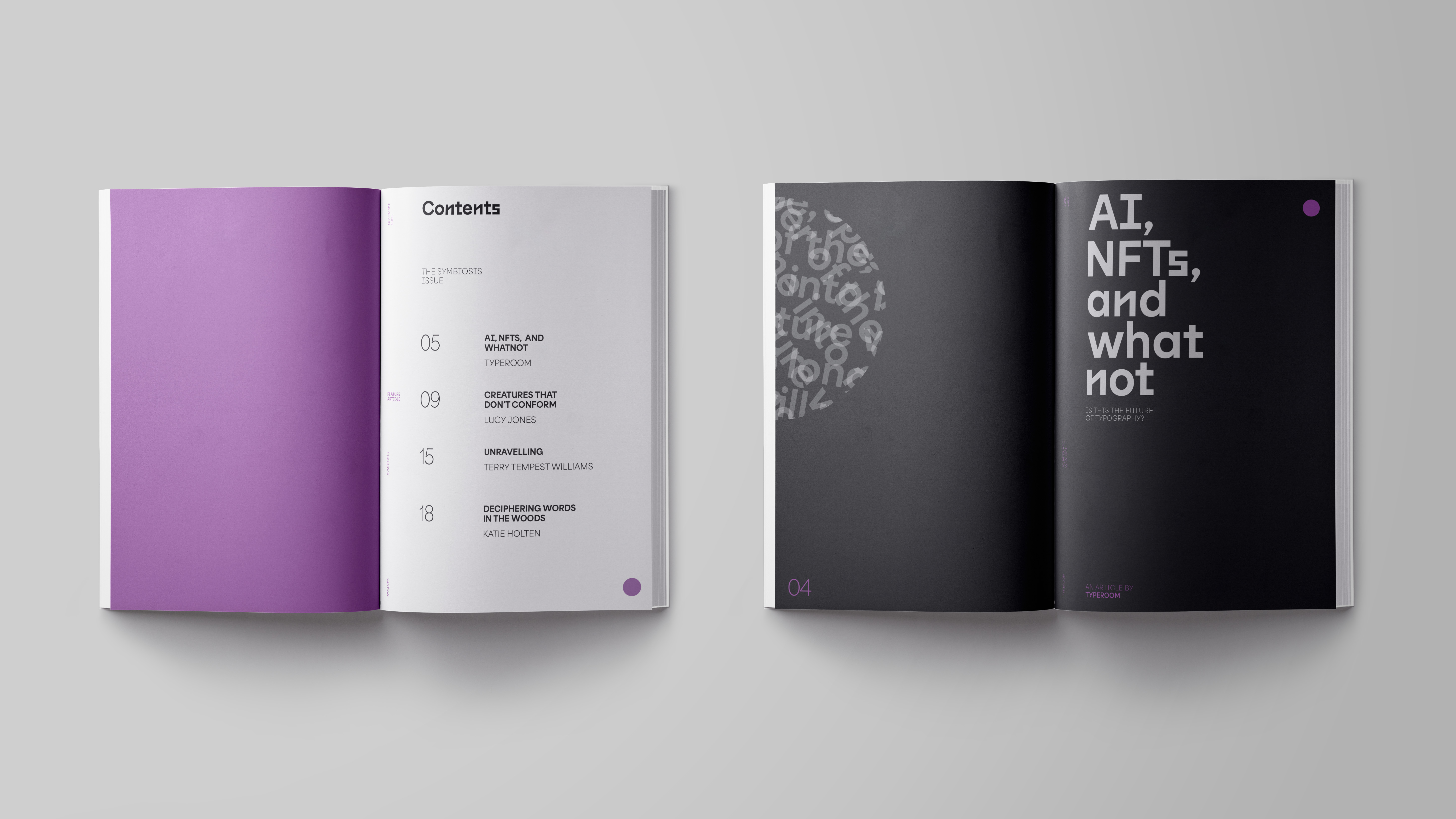 Glimpse magazine contents page and article 1 title page. Contents page has a full page of purple on the left and written content on the right, and the title page for the article 'AI, NFTs and whatnot' is mostly black with a funky text graphic on the left in grey and hints of purple.