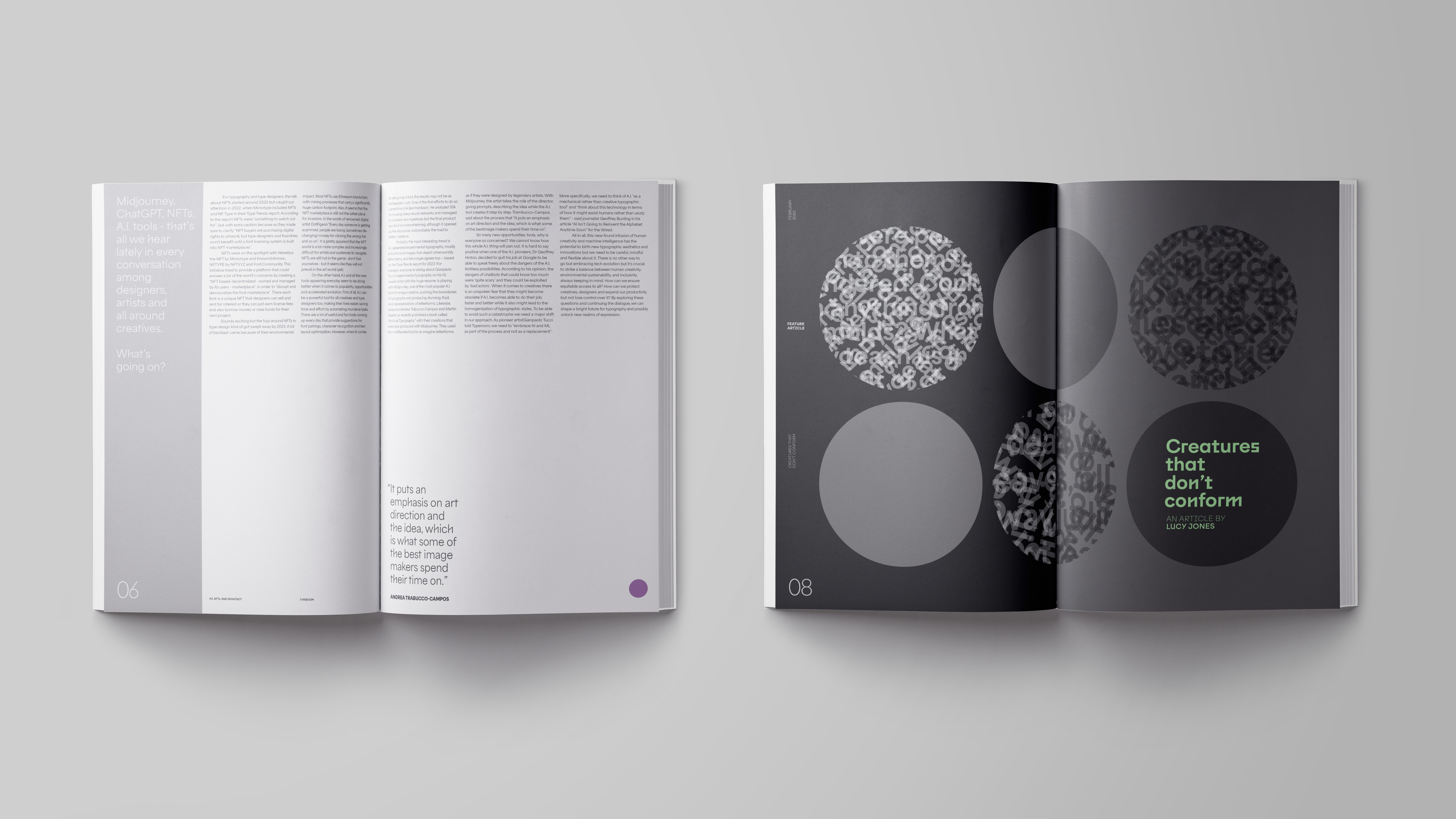 On the left, spread of article one, mostly grey and white, and on the right, feature article title page for 'Creatures that don't conform'. Black and grey design with hints of green and six grey circles of varying tints